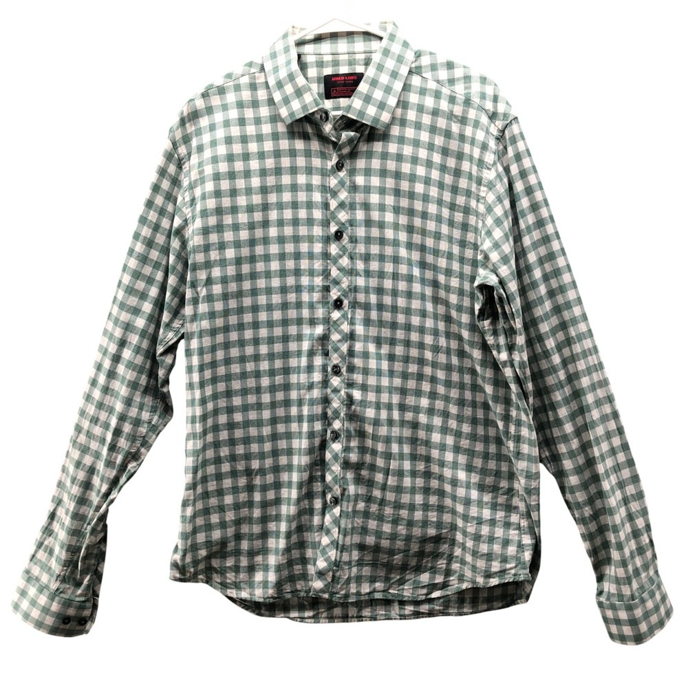 Jared Lang‎ Slub Cotton Shirt Mens XL Green White Check Long Sleeve Breathable